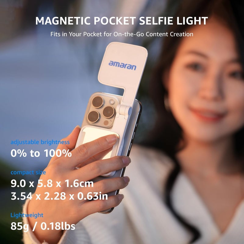 AMARAN Go Compatible with MagSafe Mini Phone Light, Portable LED Light for Selfie, Makeup, Video Conference, TikTok (White) - Image 3